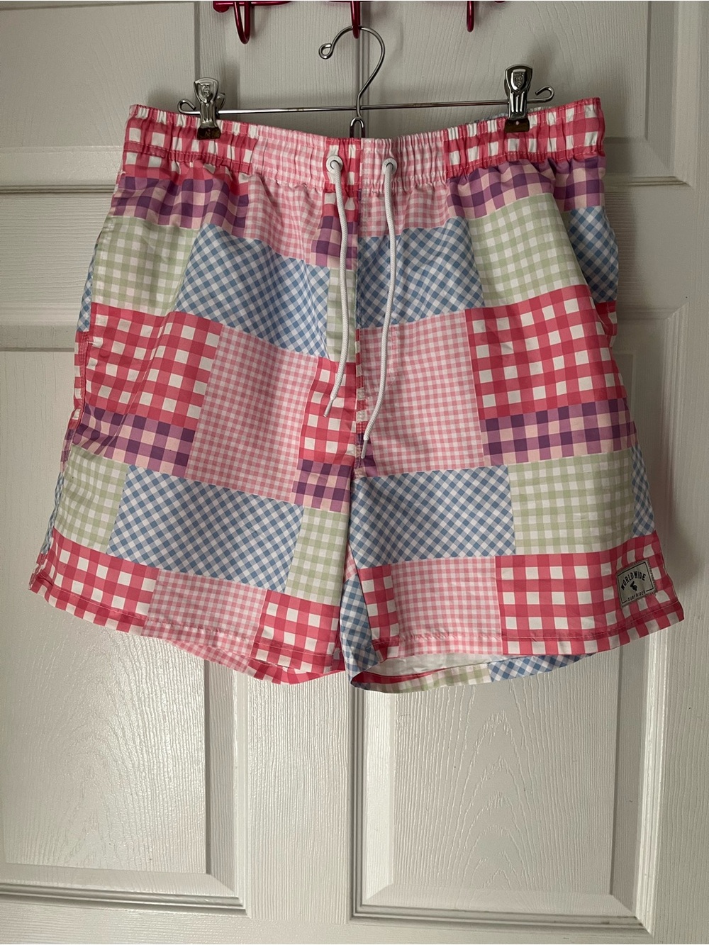 Men's Patchwork Gingham Swim Trunks - Multi Pink